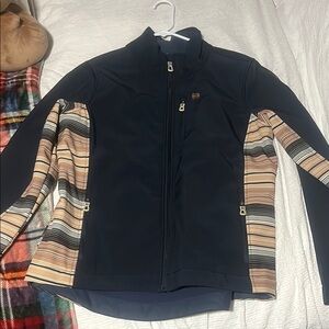 Black Athletic Jacket with Striped Tan Sleeves